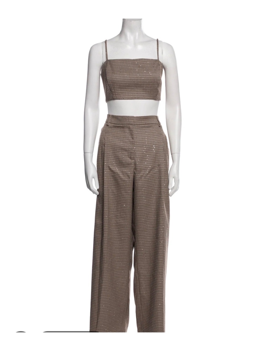 House of Harlow 1960 Two-piece pant set: Brown Plaid Crop Top and Wide Leg Pants